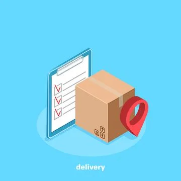 Document with a box and a location icon on a blue background, an isometric im Stockillustratie