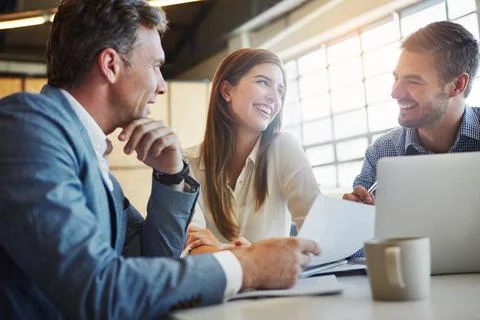 Document, business people and team with strategy in office, planning or lau.. Stock Photos