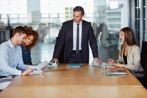 Document, business people or manager in boardroom for planning, budget revi.. Stock Photos