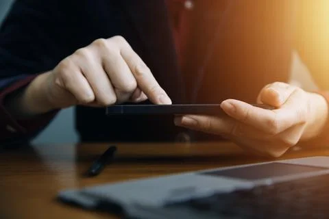 Document Businessman working modern computer Document Management System (DM.. Stock Photos
