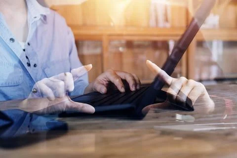 Document Businessman working modern computer Document Management System (DM.. Stock Photos