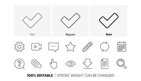 Document, Calendar and Question mark line icons. Search, Video and Check mark Stock Illustration