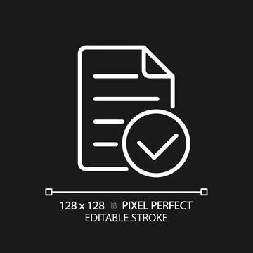 Document with check mark pixel perfect white linear icon for dark theme Illustrazione stock