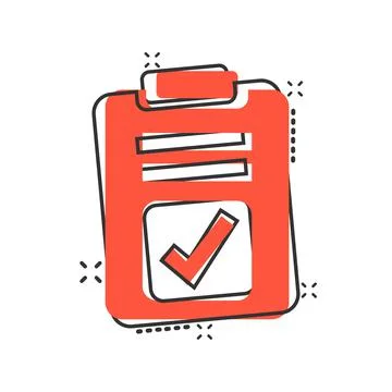 Document checkbox icon in comic style. Test cartoon vector illustration on wh Stock Illustration