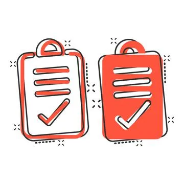 Document checkbox icon in comic style. Test cartoon vector illustration on wh Stock Illustration