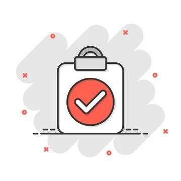 Document checkbox icon in comic style. Test cartoon vector illustration on wh Ilustración de archivo