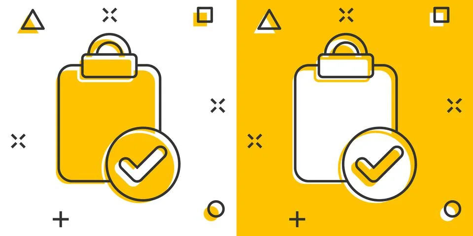 Document checkbox icon in comic style. Test cartoon vector illustration on wh Stock Illustration