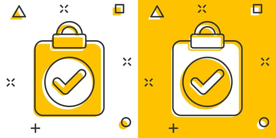 Document checkbox icon in comic style. Test cartoon vector illustration on wh Stock Illustration