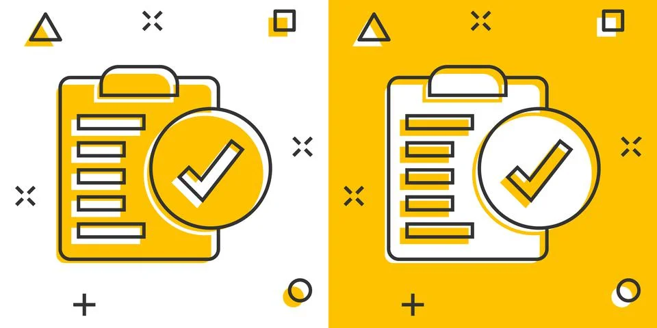 Document checkbox icon in comic style. Test cartoon vector illustration on wh Ilustración de archivo