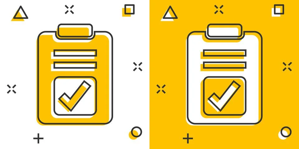 Document checkbox icon in comic style. Test cartoon vector illustration on wh Stock Illustration