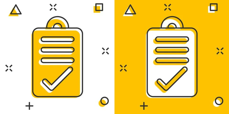 Document checkbox icon in comic style. Test cartoon vector illustration on wh Stock Illustration
