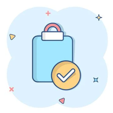 Document checkbox icon in comic style. Test cartoon vector illustration on wh Stockillustratie