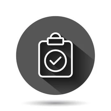 Document checkbox icon in flat style. Test vector illustration on black round Illustrazione stock