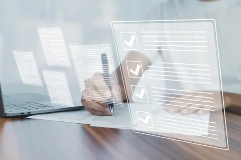 Document Checklist concept, Businessman using computer for DMS documents ma.. Stock Photos