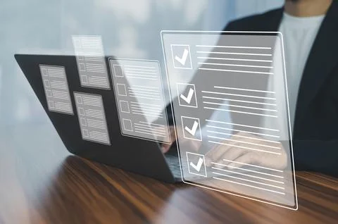 Document Checklist concept, Businessman using computer for DMS documents ma.. Stock-Fotos