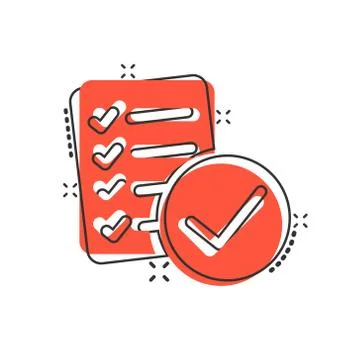 Document checklist icon in comic style. Report cartoon vector illustration on Illustrazione stock