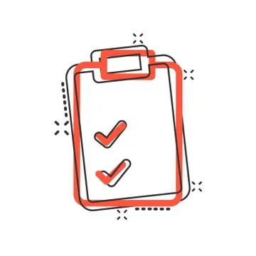 Document checklist icon in comic style. Report cartoon vector illustration on Illustrazione stock