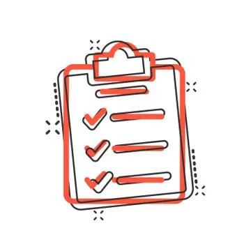 Document checklist icon in comic style. Report cartoon vector illustration on Illustrazione stock