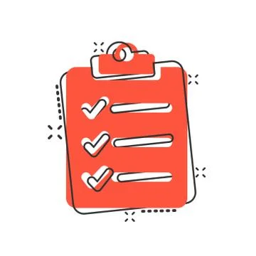 Document checklist icon in comic style. Report cartoon vector illustration on Illustrazione stock