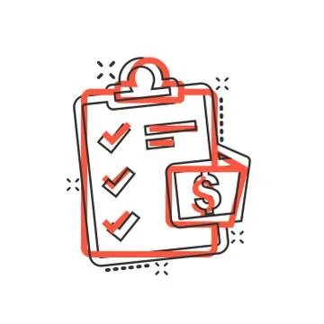Document checklist icon in comic style. Report cartoon vector illustration on Illustrazione stock