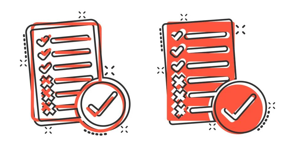 Document checklist icon in comic style. Report cartoon vector illustration on Illustrazione stock