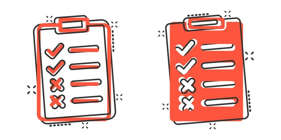 Document checklist icon in comic style. Report cartoon vector illustration on Illustrazione stock