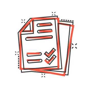 Document checklist icon in comic style. Report cartoon vector illustration on Illustrazione stock