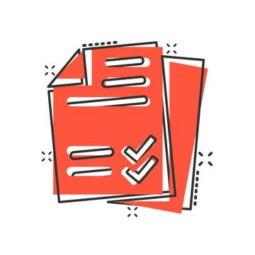 Document checklist icon in comic style. Report cartoon vector illustration on Illustrazione stock