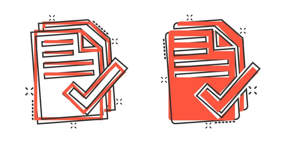 Document checklist icon in comic style. Report cartoon vector illustration on Illustrazione stock