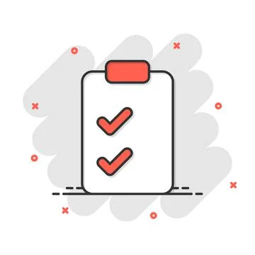 Document checklist icon in comic style. Report cartoon vector illustration on Illustrazione stock