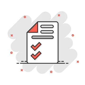 Document checklist icon in comic style. Report cartoon vector illustration on Illustrazione stock
