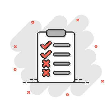 Document checklist icon in comic style. Report cartoon vector illustration on Illustrazione stock