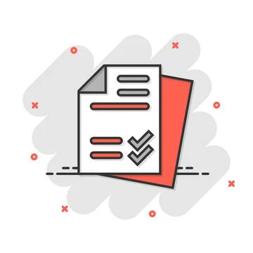 Document checklist icon in comic style. Report cartoon vector illustration on Illustrazione stock