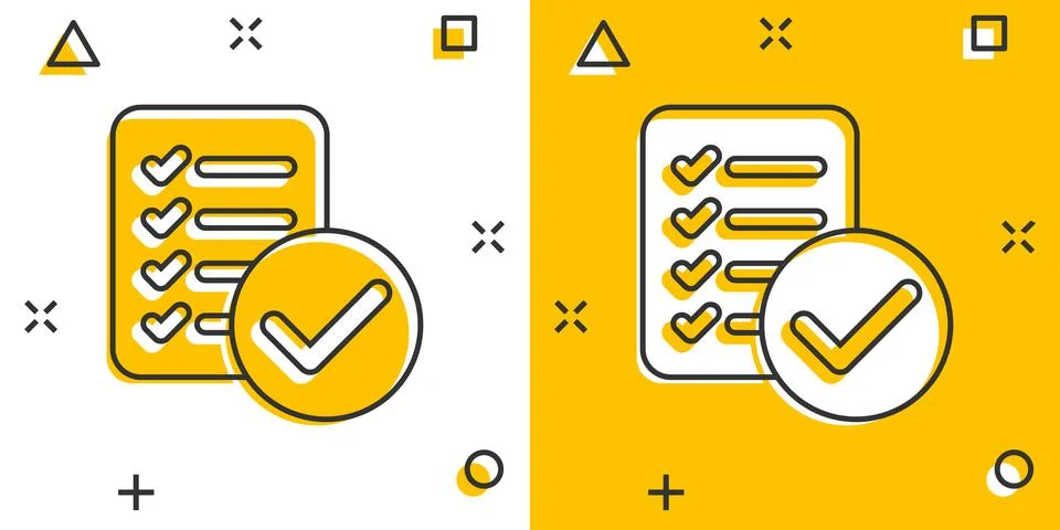 Document checklist icon in comic style. Report cartoon vector illustration on Illustrazione stock