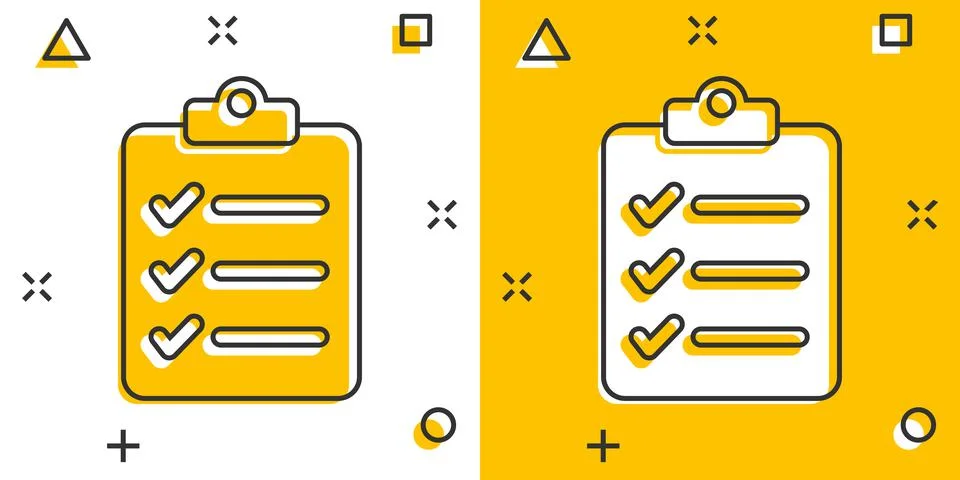 Document checklist icon in comic style. Report cartoon vector illustration on Stock Illustration