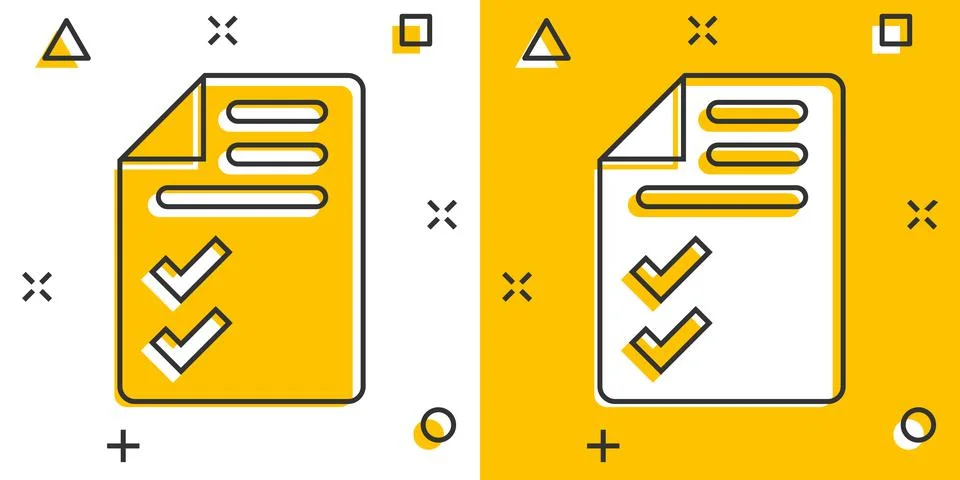 Document checklist icon in comic style. Report cartoon vector illustration on Illustrazione stock