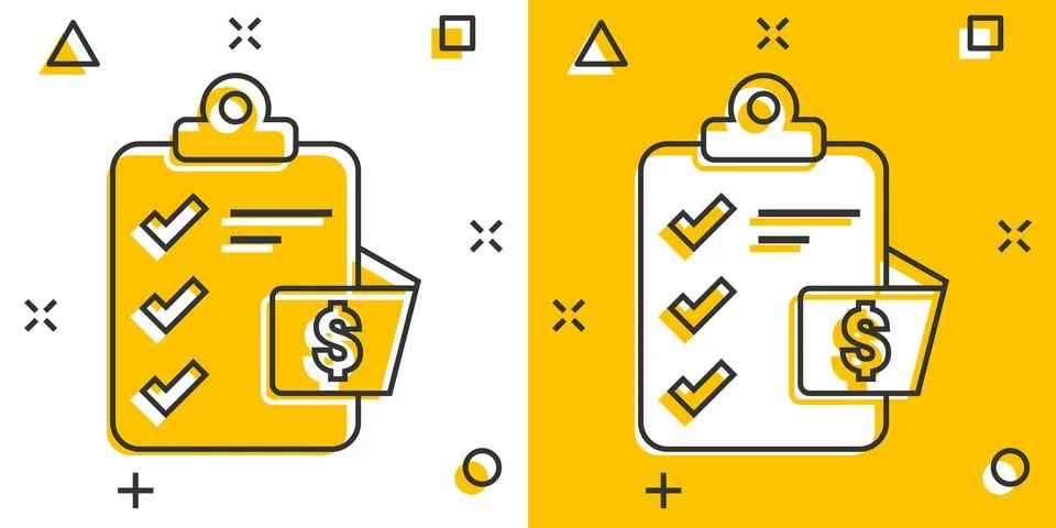 Document checklist icon in comic style. Report cartoon vector illustration on Illustrazione stock