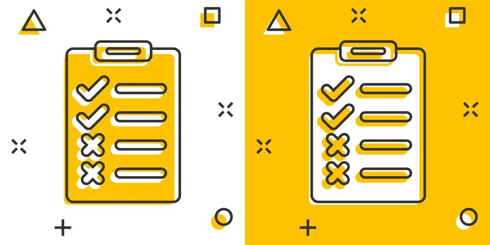 Document checklist icon in comic style. Report cartoon vector illustration on Illustrazione stock