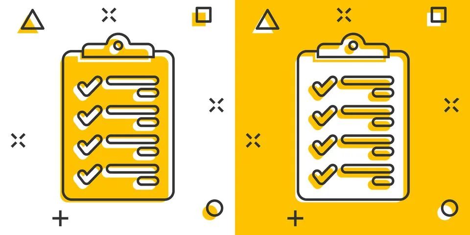 Document checklist icon in comic style. Report cartoon vector illustration on Illustrazione stock