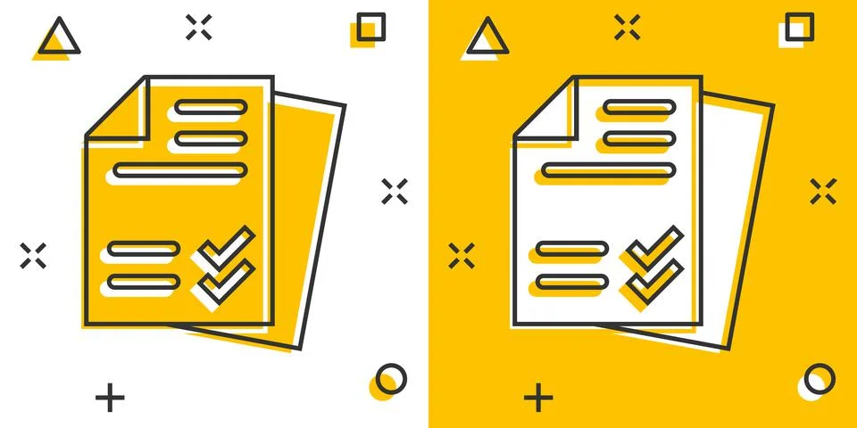 Document checklist icon in comic style. Report cartoon vector illustration on Illustrazione stock