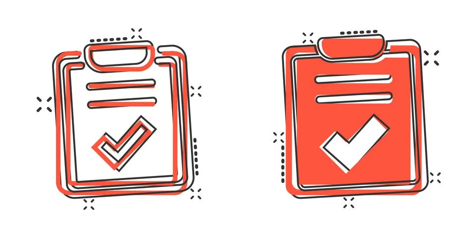Document checklist icon in comic style. Report cartoon vector illustration on Illustrazione stock