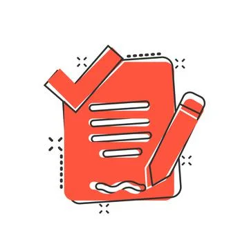 Document checklist icon in comic style. Report cartoon vector illustration on Illustrazione stock