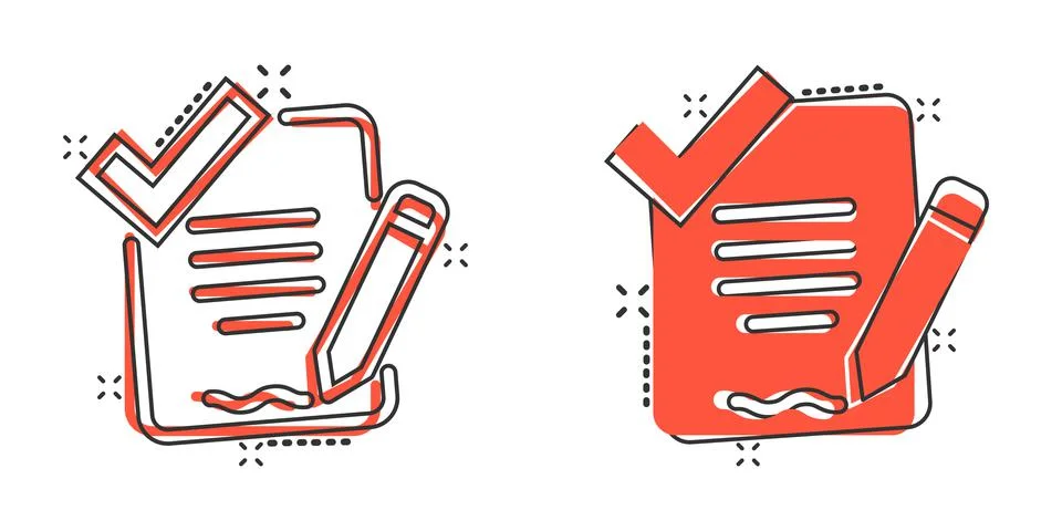 Document checklist icon in comic style. Report cartoon vector illustration on Illustrazione stock