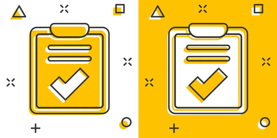 Document checklist icon in comic style. Report cartoon vector illustration on Illustrazione stock