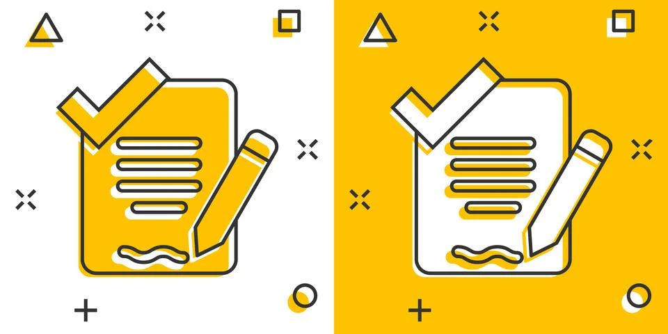 Document checklist icon in comic style. Report cartoon vector illustration on Illustrazione stock