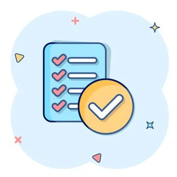 Document checklist icon in comic style. Report cartoon vector illustration on Illustrazione stock