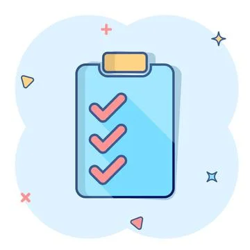 Document checklist icon in comic style. Report cartoon vector illustration on Illustrazione stock