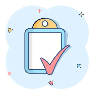 Document checklist icon in comic style. Report cartoon vector illustration on Stock Illustration