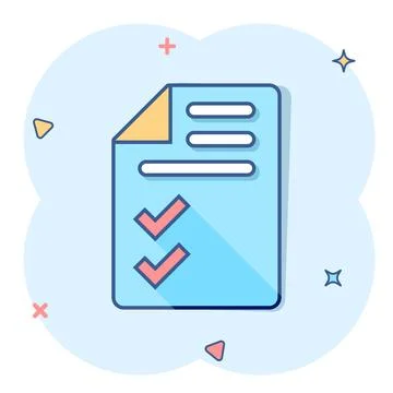 Document checklist icon in comic style. Report cartoon vector illustration on Illustrazione stock
