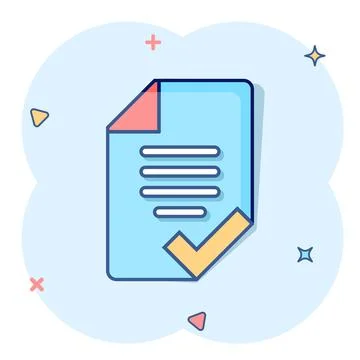 Document checklist icon in comic style. Report cartoon vector illustration on Illustrazione stock